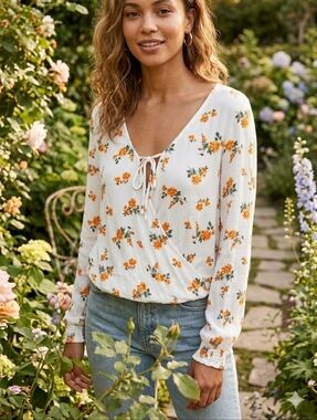 Hollister White Floral Tie-Front Wrap Blouse